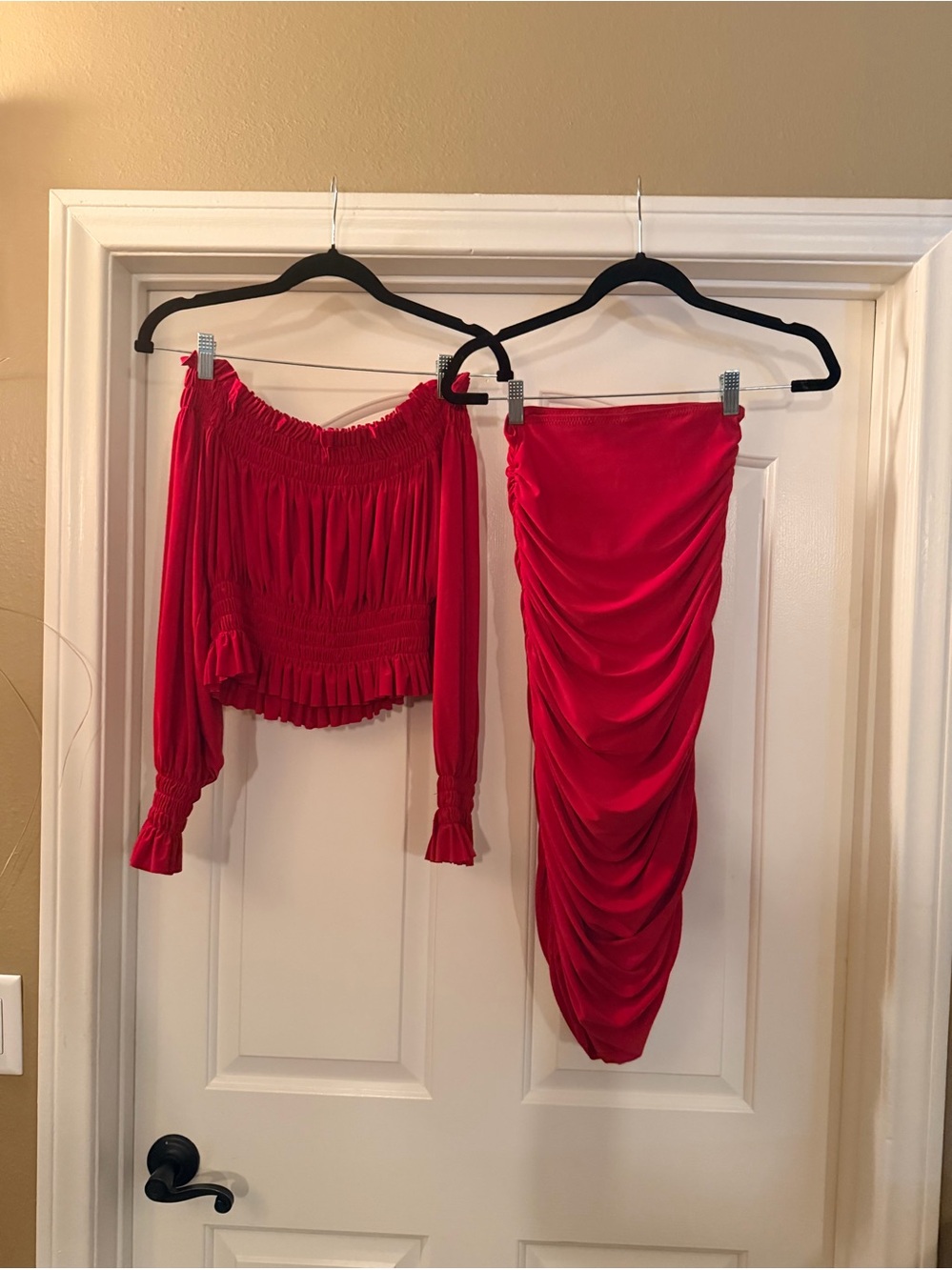 Norma Kamali Red Ruched Midi Skirt with Matching Off-Shoulder Top SET both XS